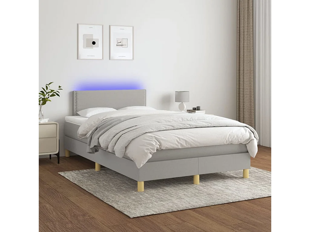 Cama box spring con colchón y LED tela gris claro 120x190 cm