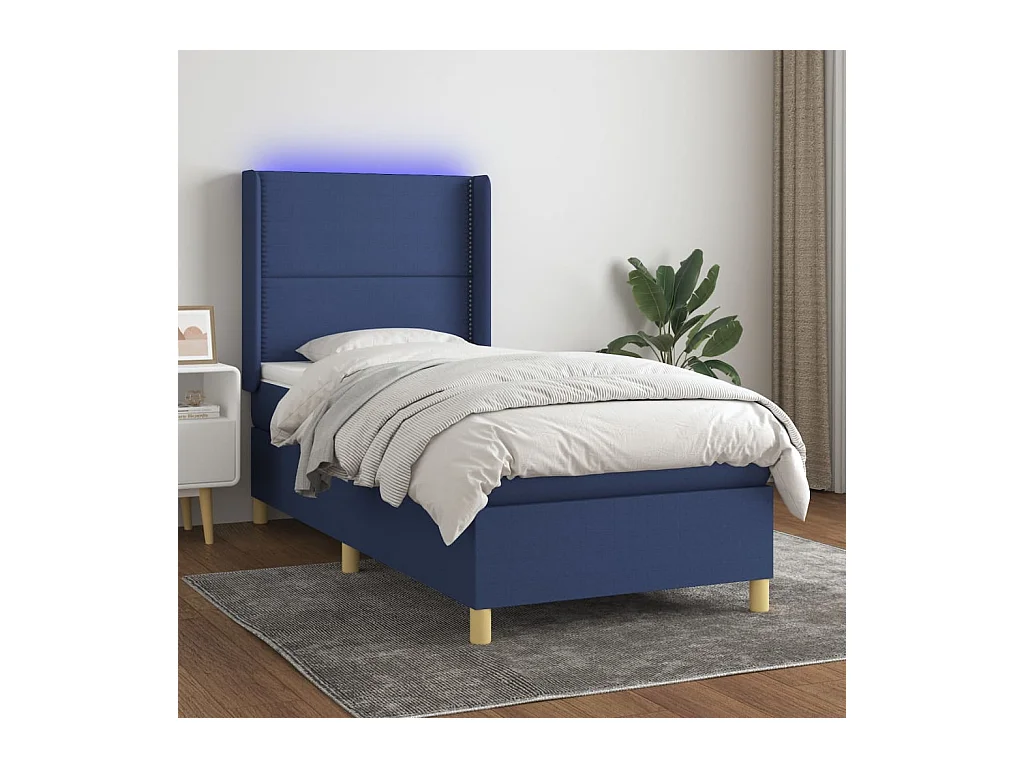 Cama box spring c/ colchão e LED 80x200 cm tecido azul