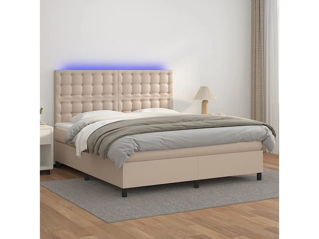 Cama box spring c/colchão/LED 180x200cm couro artif. cappuccino