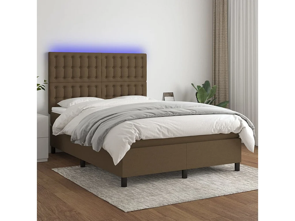 Sommier tapissier matelas et LED Marron foncé 140x200 cm Tissu