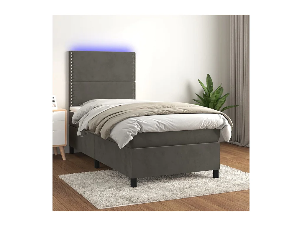 Sommier tapissier et matelas et LED Gris foncé 90x200cm Velours