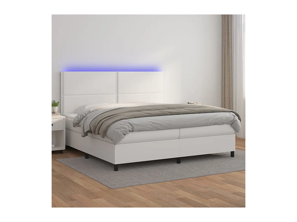 Cama box spring c/colchão/LED 200x200cm couro artificial branco