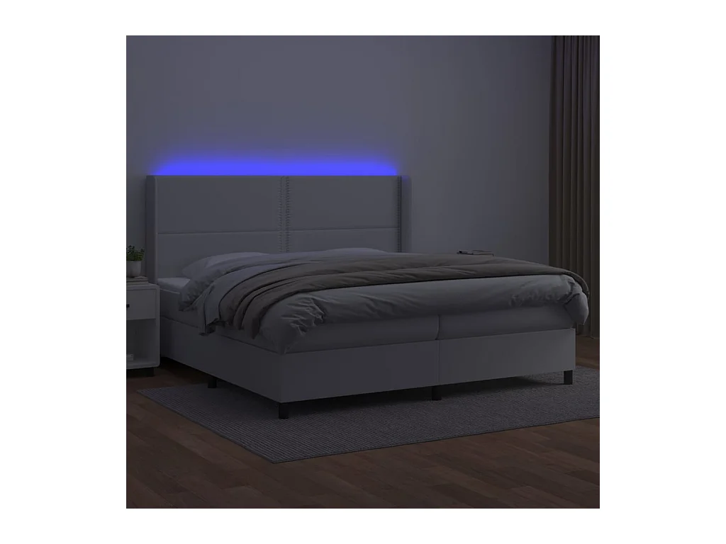 Cama box spring c/colchão/LED 200x200cm couro artificial branco