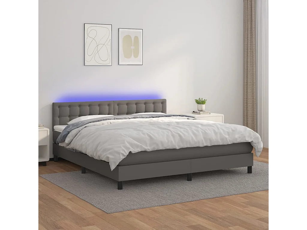 Cama box spring c/ colchão/LED 180x200cm couro artificial cinza