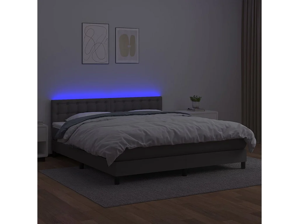 Cama box spring c/ colchão/LED 180x200cm couro artificial cinza