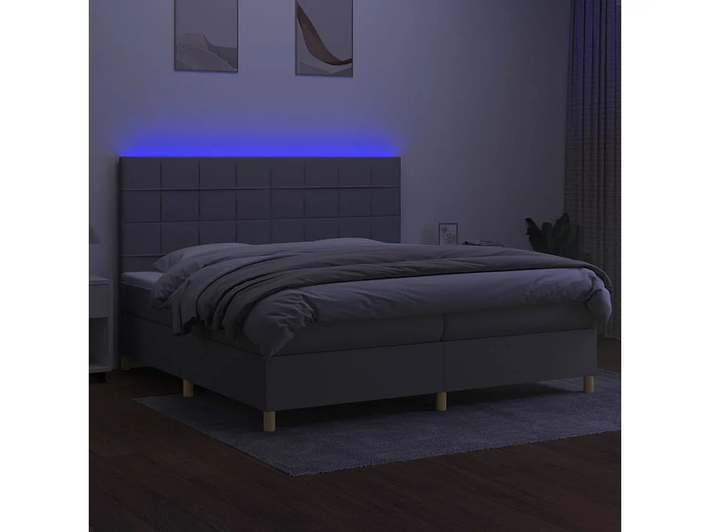 Cama box spring c/ colchão e LED 200x200 cm tecido cinza-claro