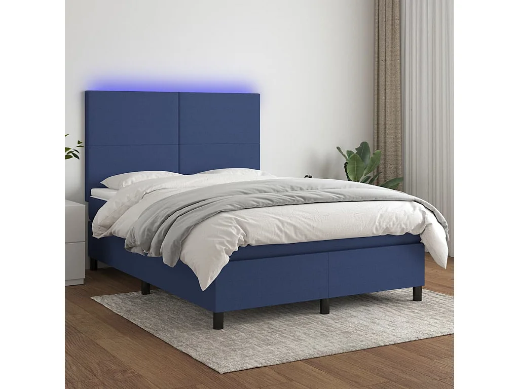 Cama box spring c/ colchão e LED 140x200 cm tecido azul