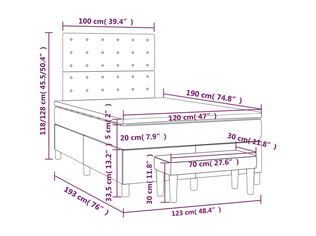 Cama box spring con colchón terciopelo rosa 120x190 cm