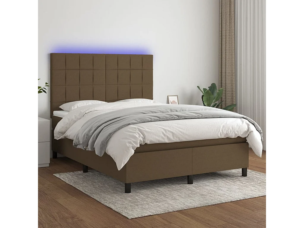 Sommier tapissier matelas et LED Marron foncé 140x200 cm Tissu