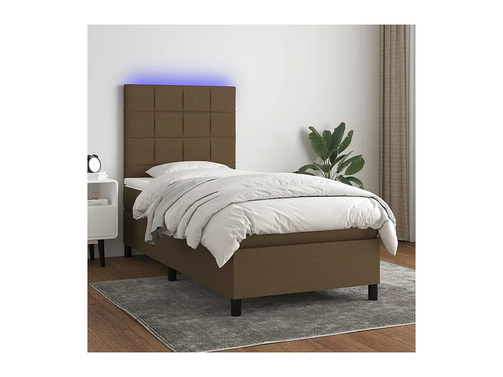 Cama box spring colchón y luces LED tela marrón oscuro 90x200cm