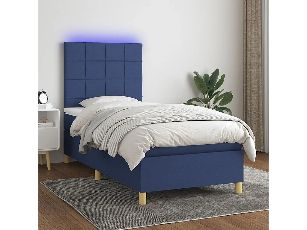 Cama box spring colchón y luces LED tela azul 90x200 cm