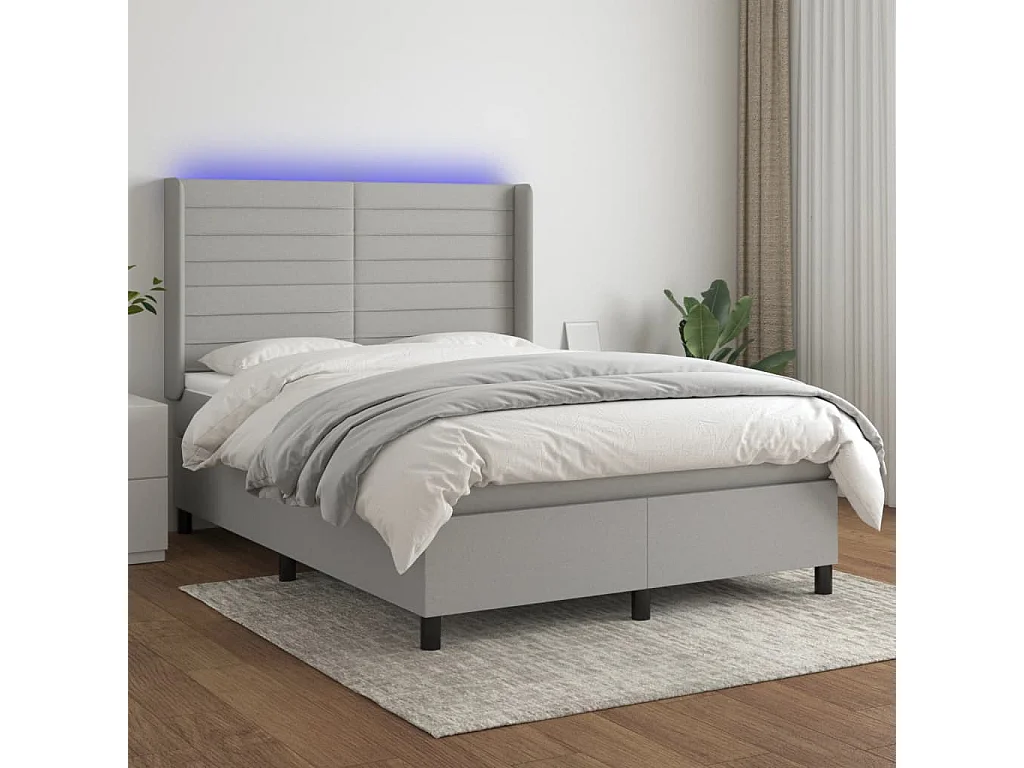 Cama box spring c/ colchão e LED 140x190 cm tecido cinza-claro