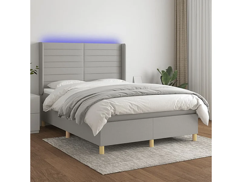 Cama box spring colchón y luces LED tela gris claro 140x190 cm