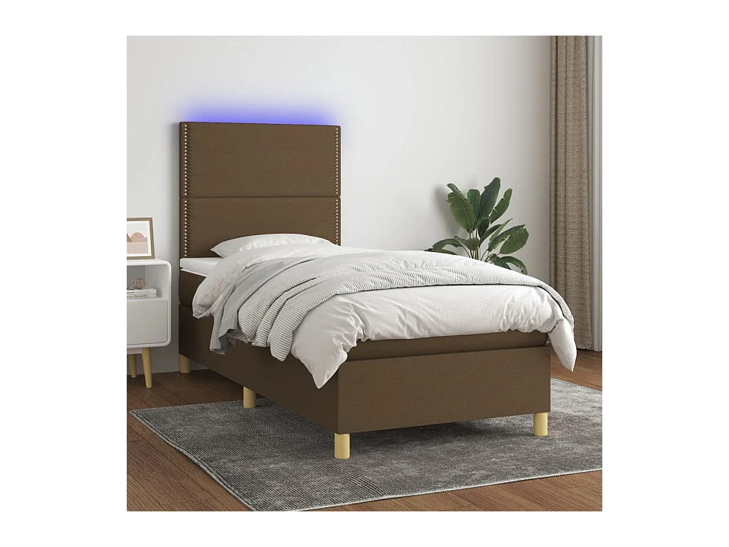 Sommier tapissier matelas et LED Marron foncé 100x200cm Tissu