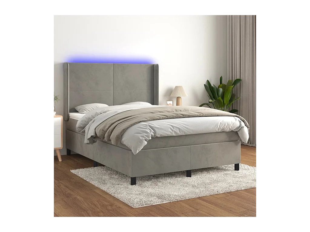 Sommier tapissier matelas et LED Gris clair 140x200 cm Velours
