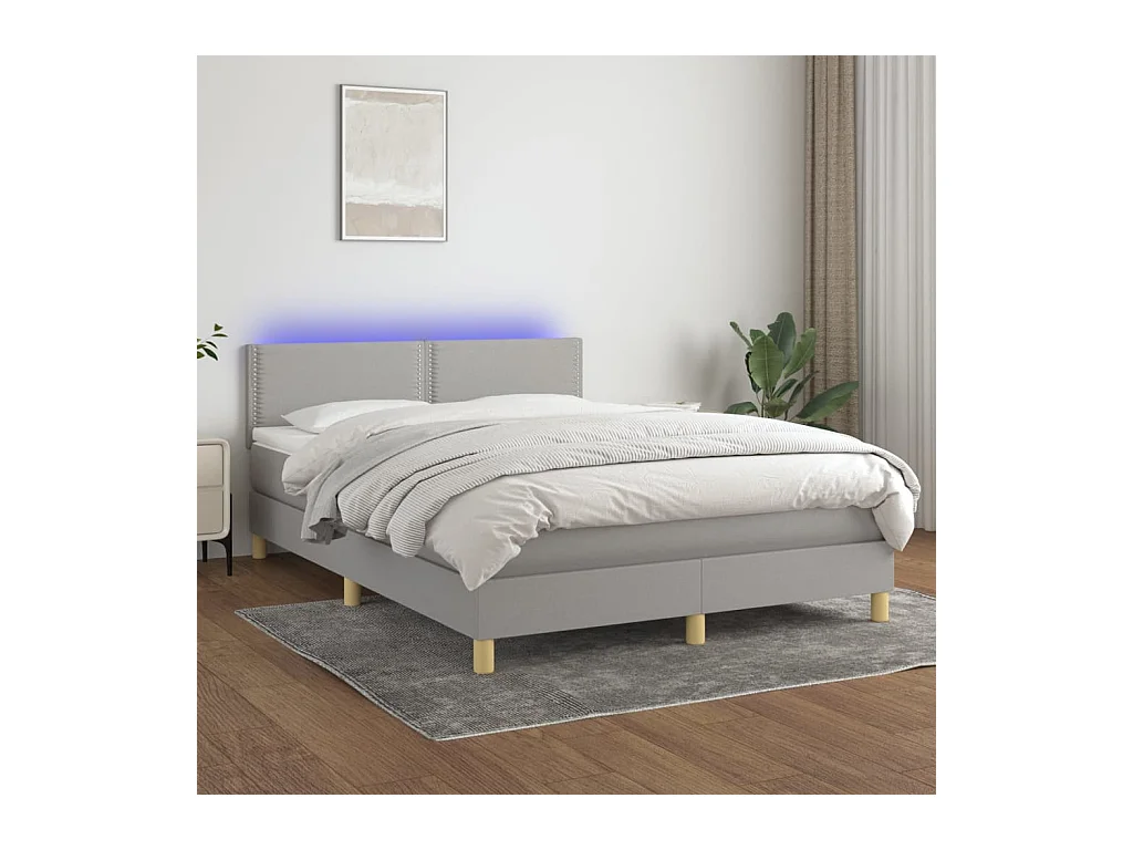 Cama box spring colchón y luces LED tela gris claro 140x190 cm