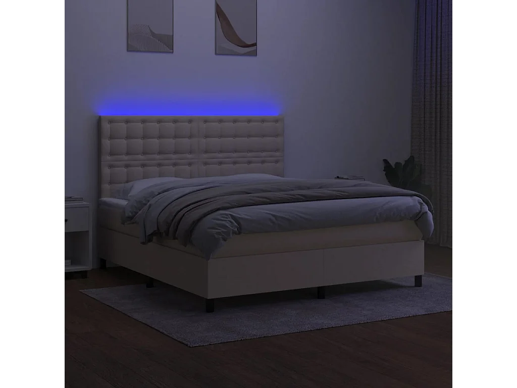 Cama box spring colchón y luces LED tela crema 160x200 cm