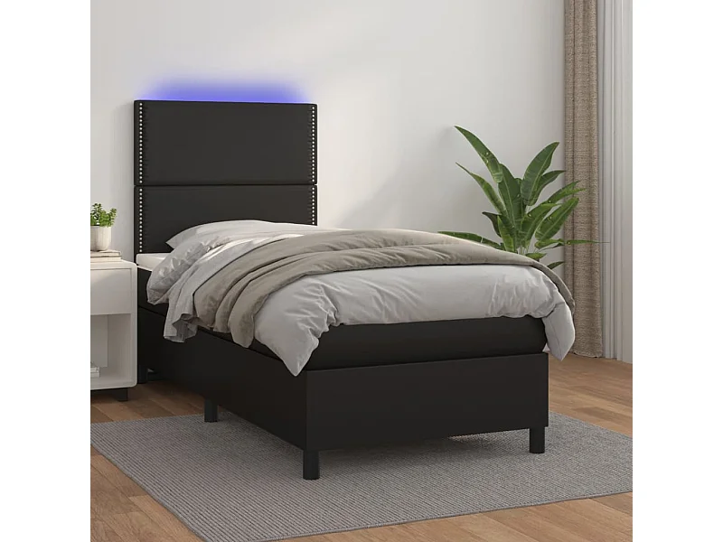 Cama box spring c/ colchão/LED 90x190 cm couro artificial preto