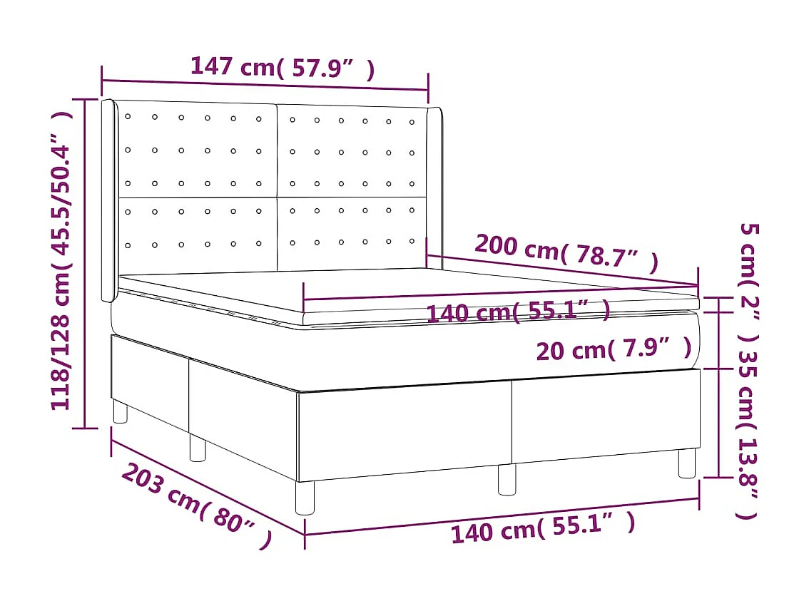 Sommier tapissier matelas et LED Marron foncé 140x200 cm Tissu