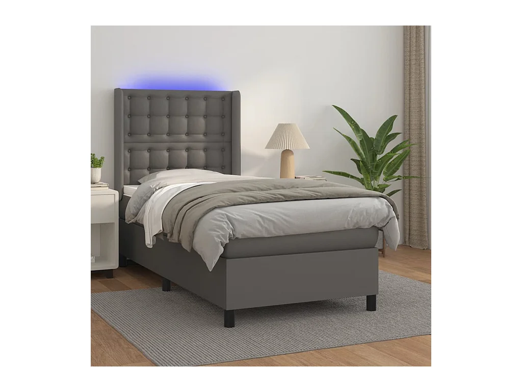 Sommier tapissier et matelas et LED Gris 90x190 cm Similicuir