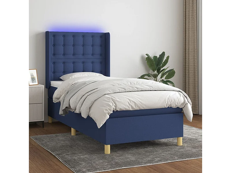 Cama box spring c/ colchão e LED 80x200 cm tecido azul