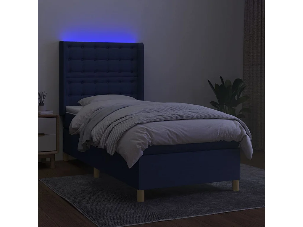 Cama box spring c/ colchão e LED 80x200 cm tecido azul