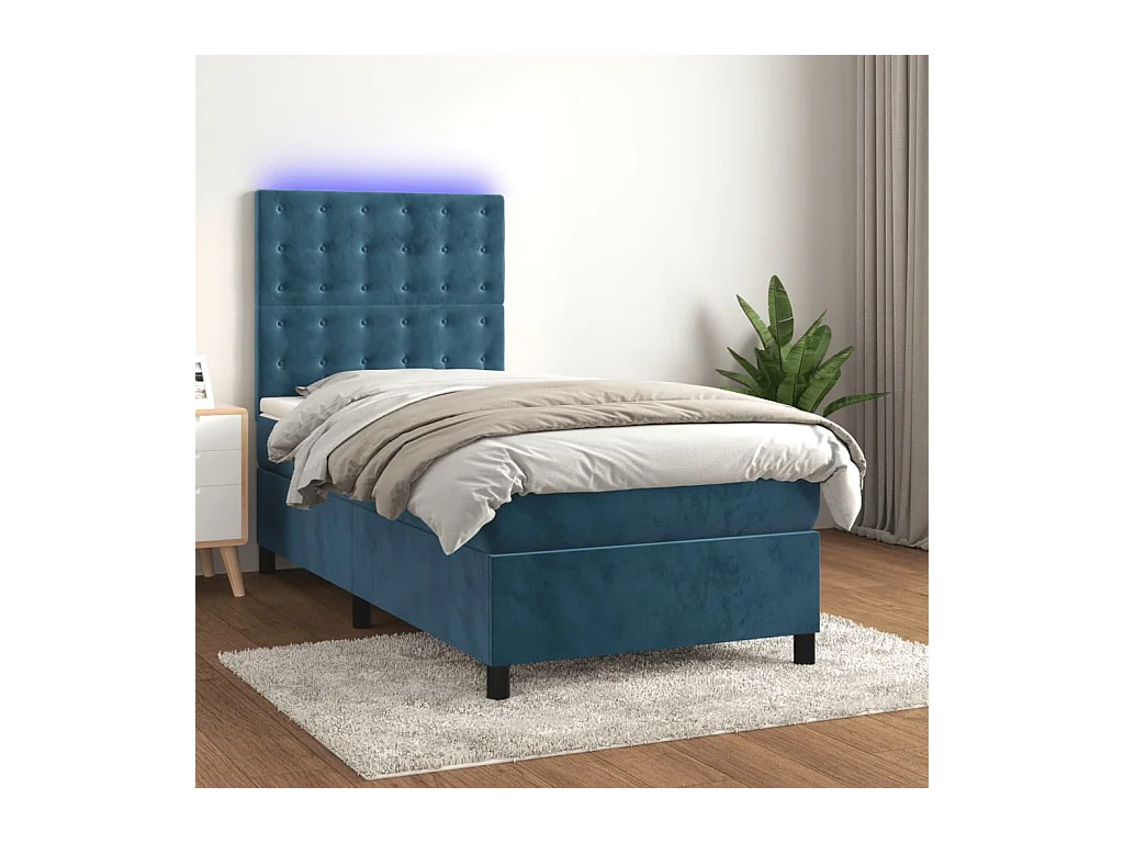 Cama box spring c/ colchão/LED 100x200 cm veludo azul-escuro