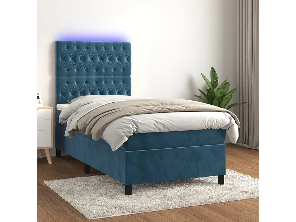 Cama box spring c/ colchão/LED 80x200 cm veludo azul-escuro