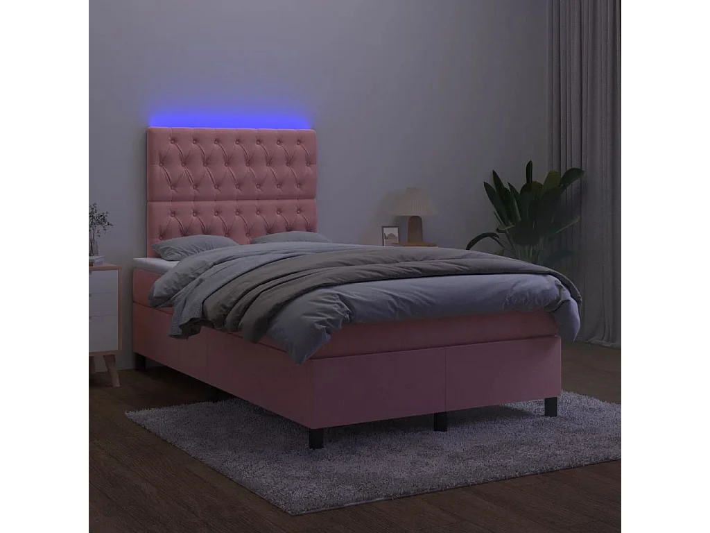 Cama box spring con colchón y LED terciopelo rosa 120x190 cm