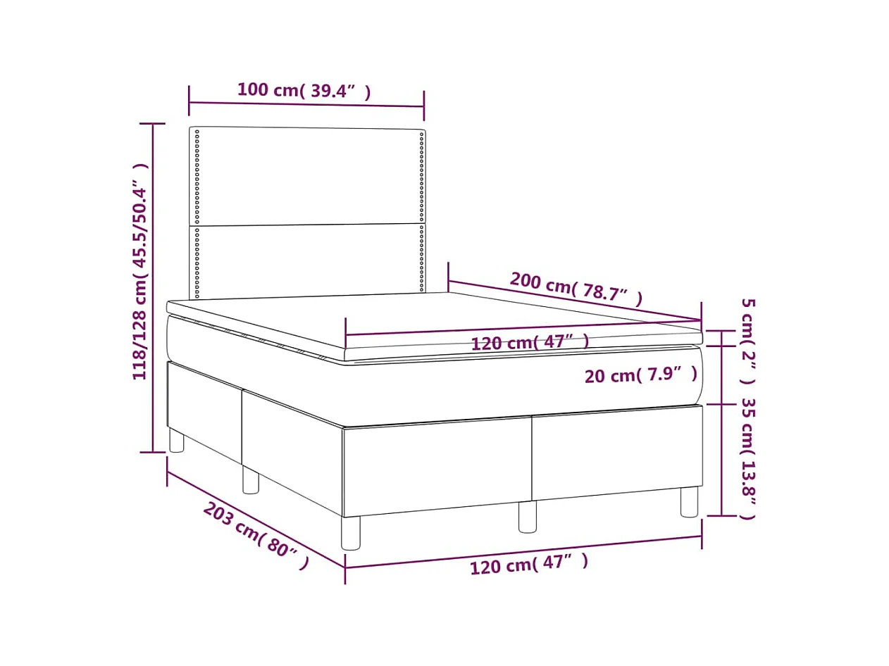 Sommier tapissier matelas et LED Gris foncé 120x200 cm Velours