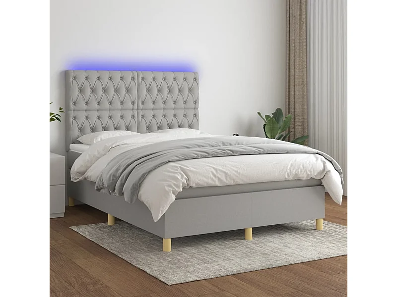 Cama box spring colchón y luces LED tela gris claro 140x190 cm