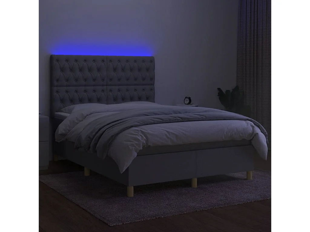 Cama box spring colchón y luces LED tela gris claro 140x190 cm