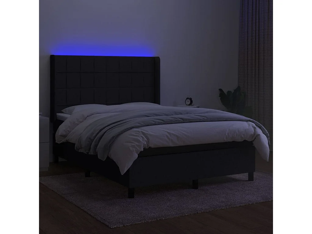 Cama box spring colchón y luces LED tela negro 140x190 cm