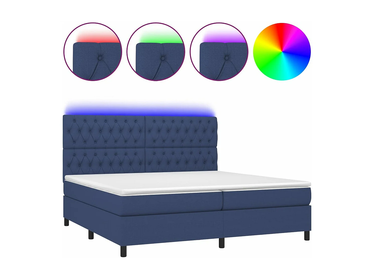 Cama box spring c/ colchão e LED 200x200 cm tecido azul