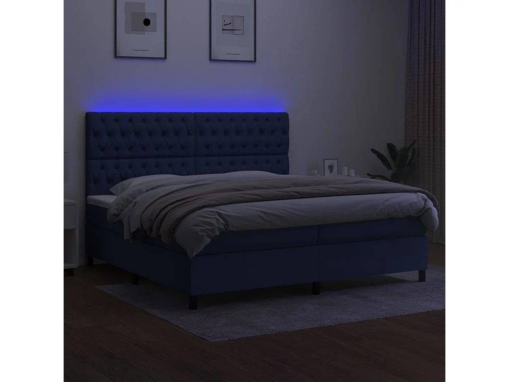 Cama box spring c/ colchão e LED 200x200 cm tecido azul