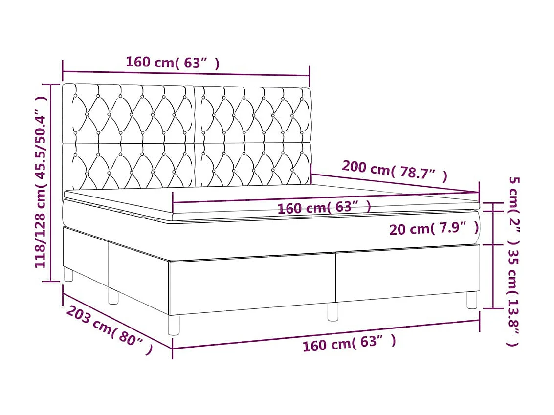 Sommier tapissier matelas et LED Marron foncé 160x200 cm Tissu