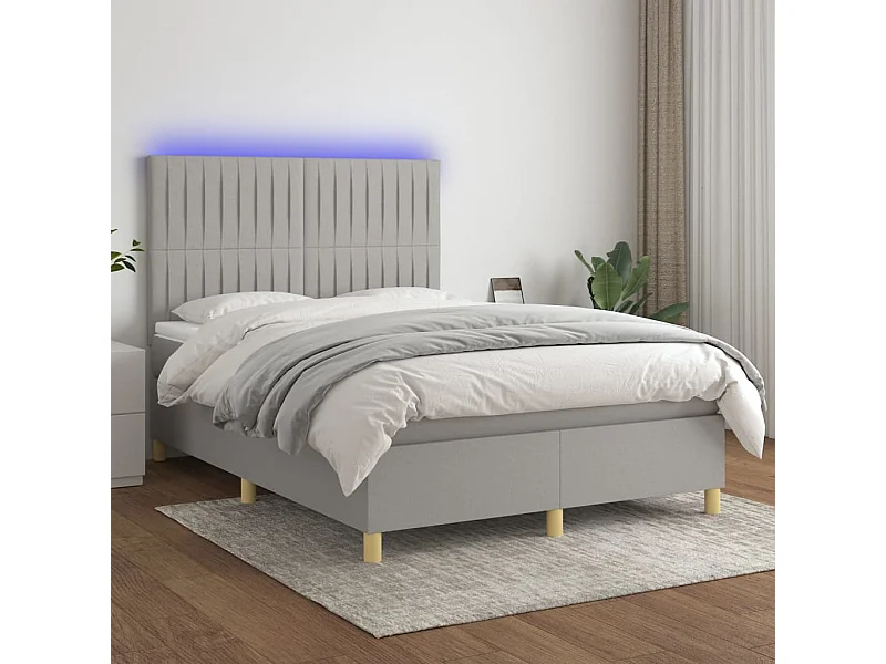 Cama box spring colchón y luces LED tela gris claro 140x190 cm