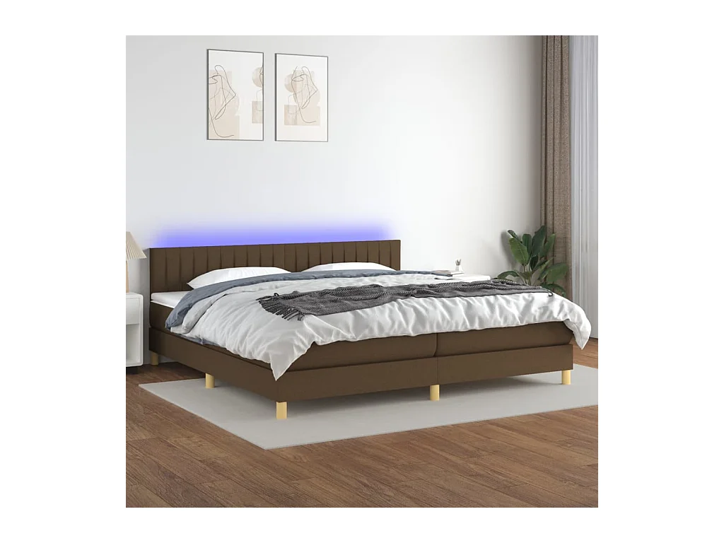 Cama box spring c/ colchão/LED 200x200cm tecido castanho-escuro
