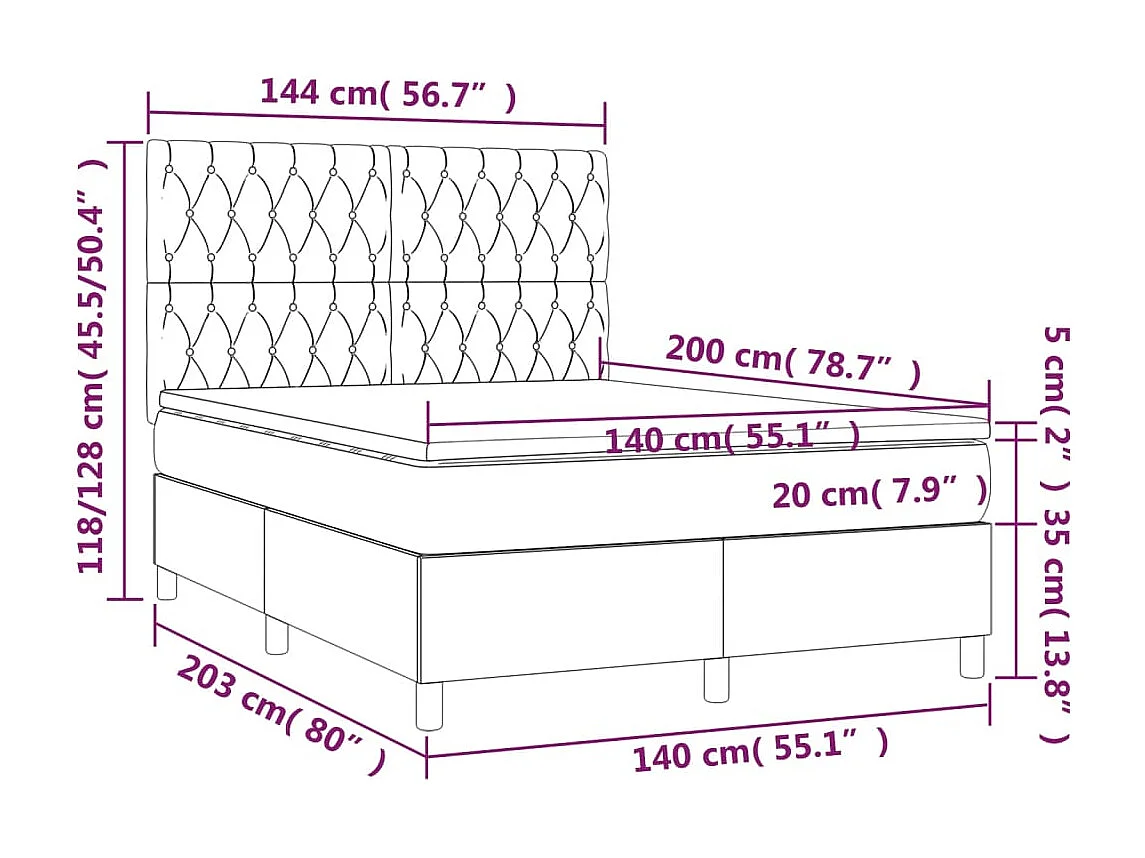 Sommier tapissier matelas et LED Marron foncé 140x200 cm Tissu