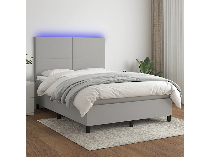 Cama box spring colchón y luces LED tela gris claro 140x190 cm