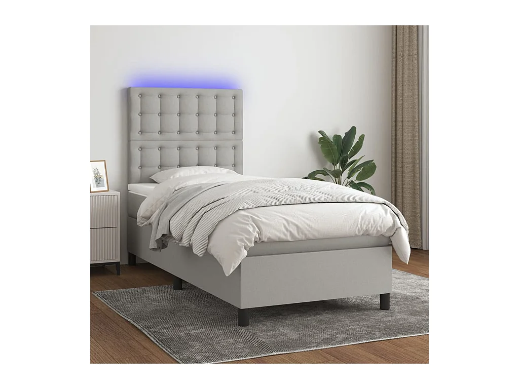 Sommier tapissier matelas et LED Gris clair 100x200 cm Tissu