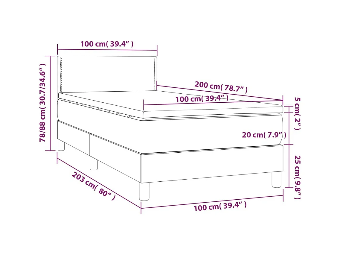 Cama box spring c/ colchão e LED 100x200 cm tecido cinza-claro