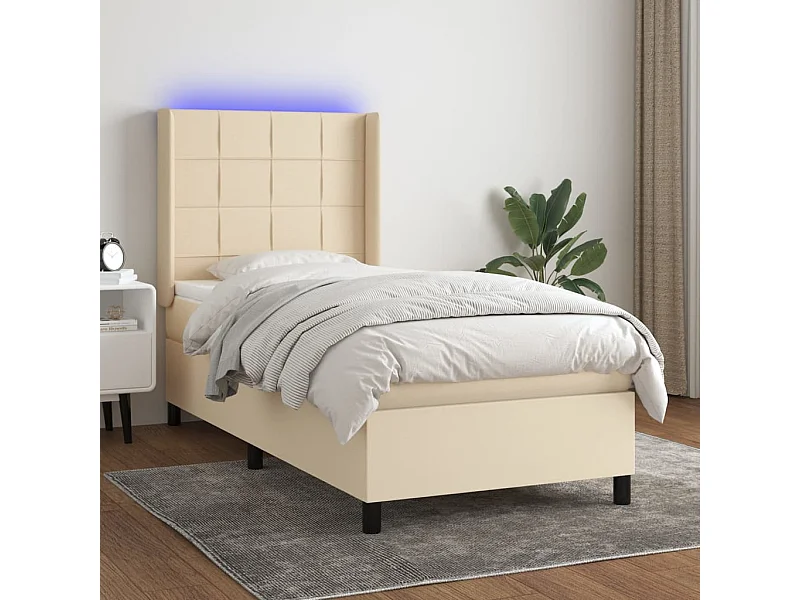 Cama box spring c/ colchão e LED 90x190 cm tecido cor creme