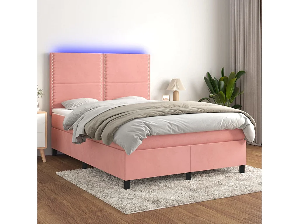 Cama box spring c/ colchão/LED 140x200 cm veludo rosa