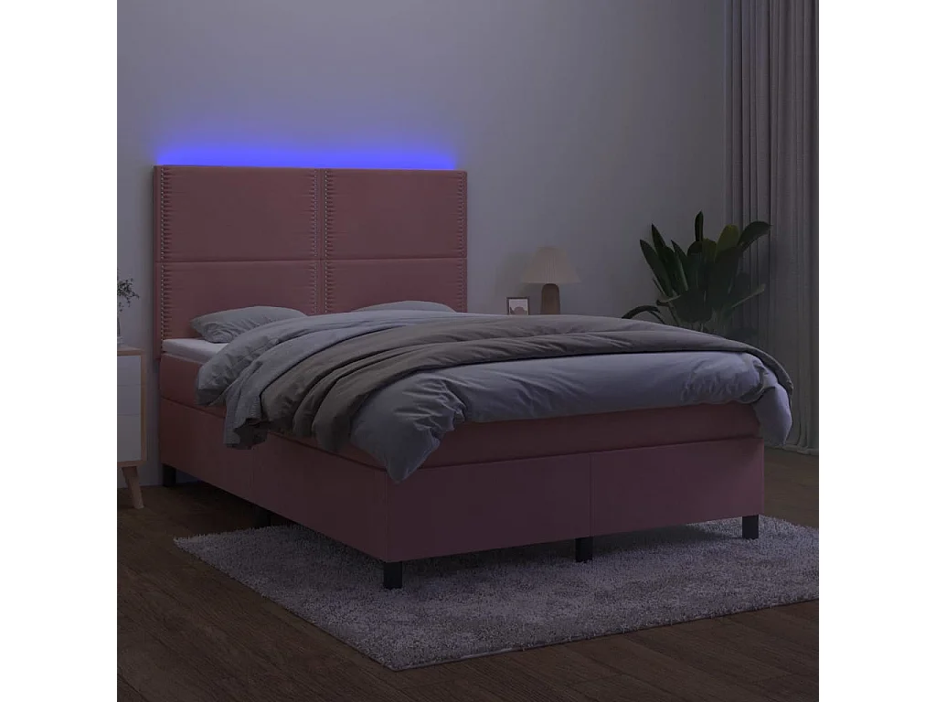 Cama box spring c/ colchão/LED 140x200 cm veludo rosa