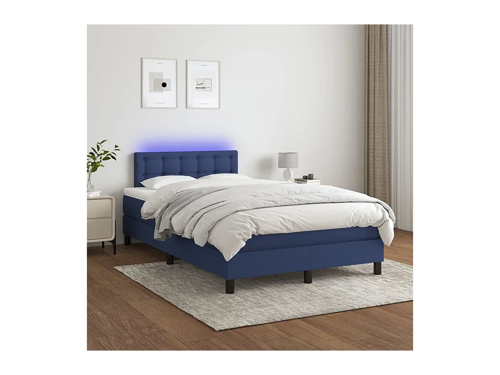 Cama box spring con colchón y LED tela azul 120x200 cm