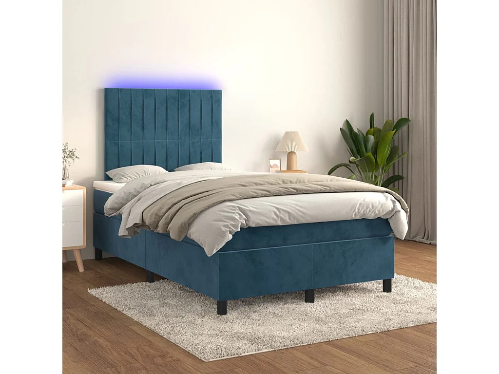 Cama box spring colchón y LED terciopelo azul oscuro 120x190 cm