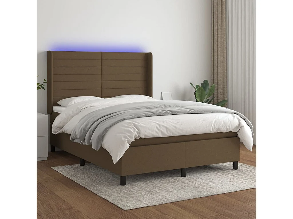 Cama box spring colchón luces LED tela marrón oscuro 140x200cm