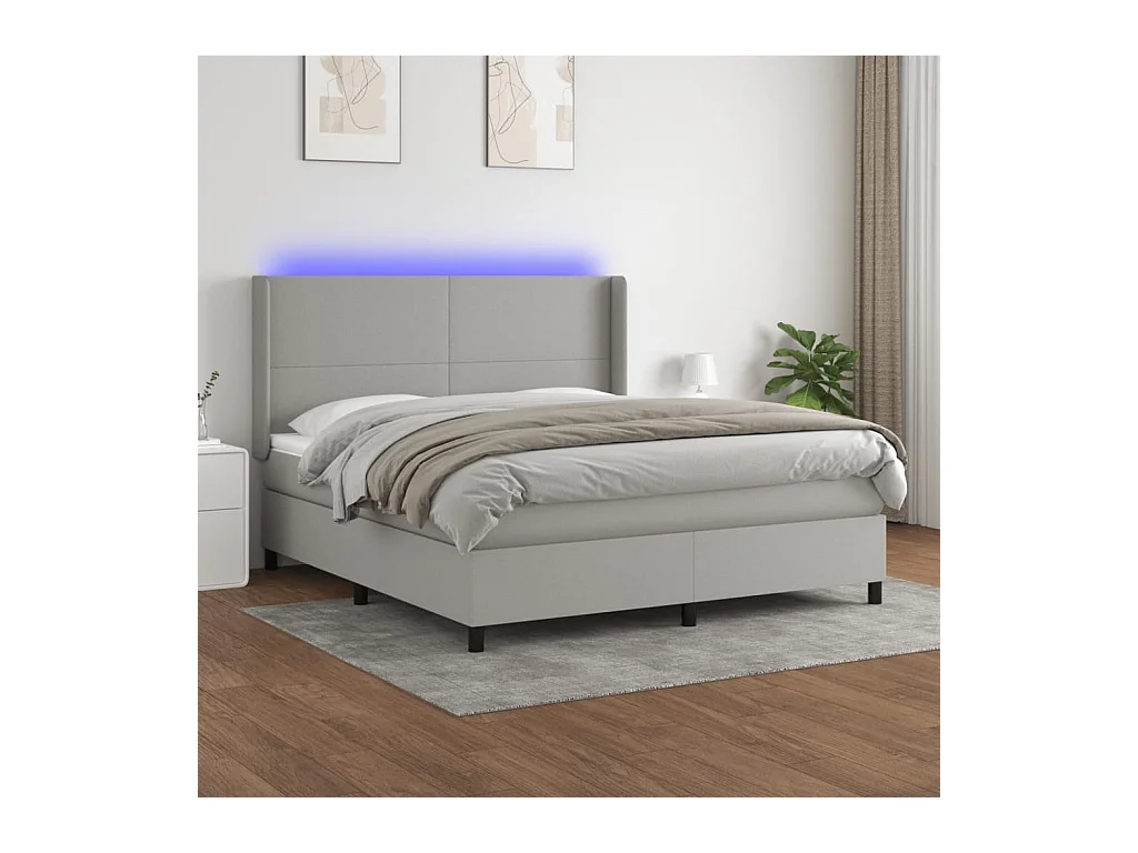 Cama box spring colchón y luces LED tela gris claro 160x200 cm