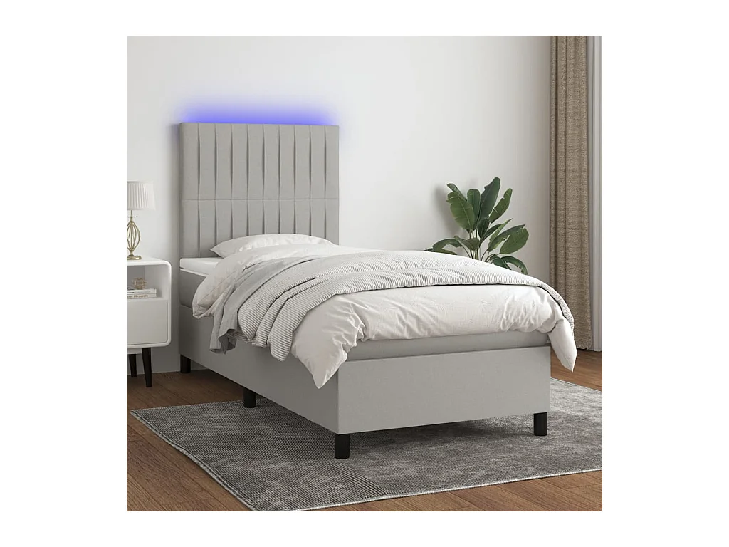 Cama box spring c/ colchão e LED 100x200 cm tecido cinza-claro